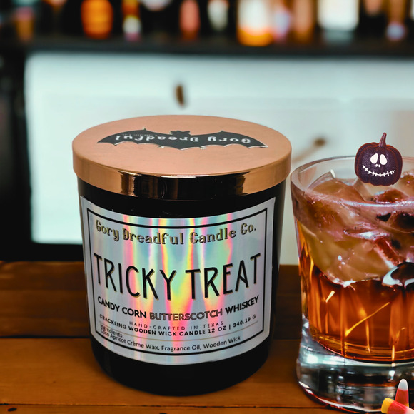 Tricky Treat Crackling Wooden Wick Candle: Candy Corn Butterscotch Whiskey Scent - Picture 4 of 10